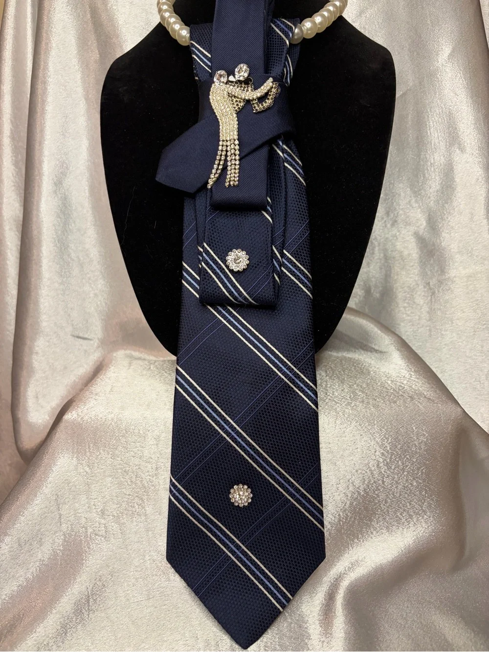 Tommy Hilfiger Navy Blue Diagonal Stripe Tie with Crystal Accents